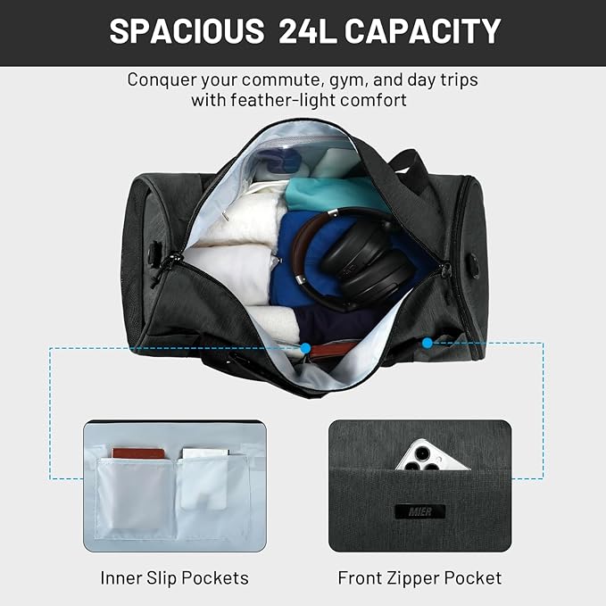 MIER Gym Bag Round Duffle Bag with Shoe Compartment & Wet Pocket, Lightweight Carry on Duffel for Men Women Workout Fitness Travel Sports, 24L, Dark Gray