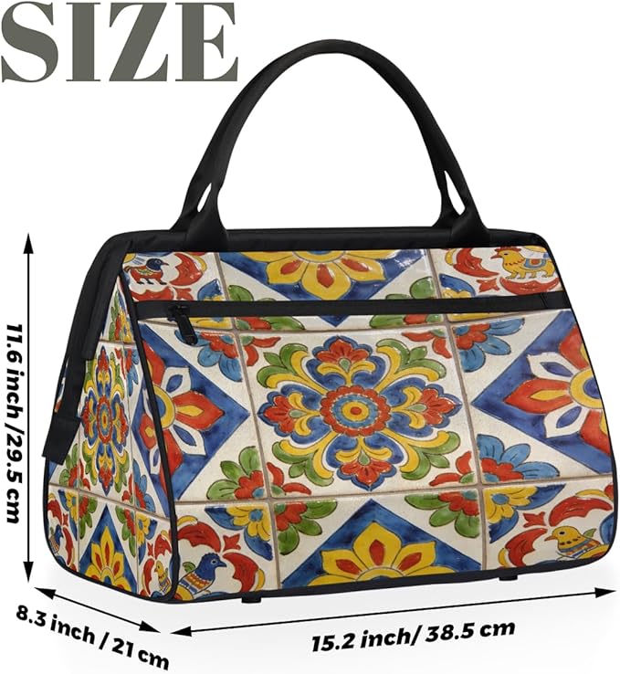 Travel Gym Carrying Bag - Talavera Tile Overnight Weekender Bag for Women Men Girls - Shoulder Large Capacity Tote Bag for Travel, Yoga, School,Mommy Hospital Bag for Labor and Delivery