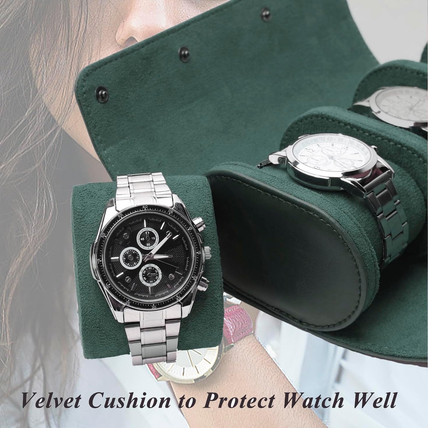 Watch Travel Case, Luxury Leather Watch Roll 2 Slot Organizer Box, Jewelry Storage Case Gifts for Man and Woman Christmas Anniversary Birthday (Green-2slot)