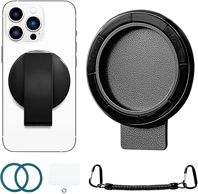 Magnetic Phone Belt Clip Holder with Anti-Theft Lanyard, Hands-Free Phone Clip for Backpack Belt Strap Hiking Outdoor, Compatible with MagSafe iPhone & Android with Metal Ring – BlackP