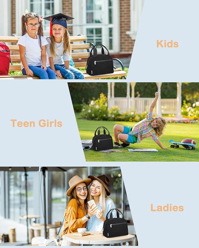 Cute Lunch Box Tote Bag - Corduroy Insulated Cooler Bags for Women - Lightweight Reusable Portable Soft Lunch Pail Kit for Kids Teen Girl Adults Work School Picnic Travel Black 8L