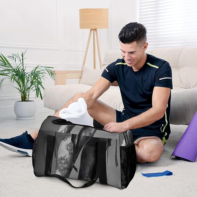 High Heels Black Lace Stockings Duffle Bag Gym Bag for Workout Travel Tote with Detachable Straps