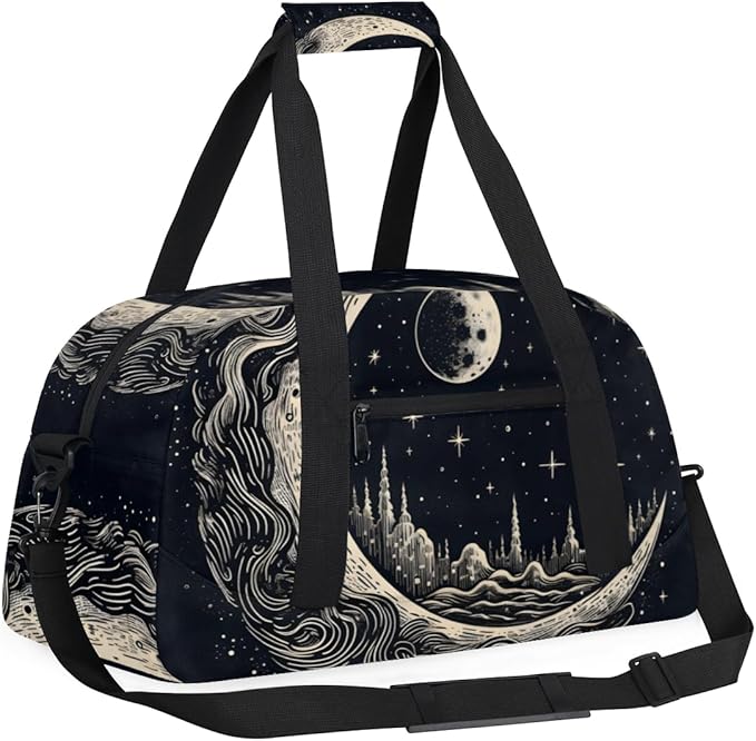 Moon Star Castle Gym Travel Duffle Bag for Women & Men with Front Zipper Pocket for Sports, Overnight, Weekender, Carry On,Workout & Dance Bag,Retro Moon,18.9 * 8.7 * 10.6 in