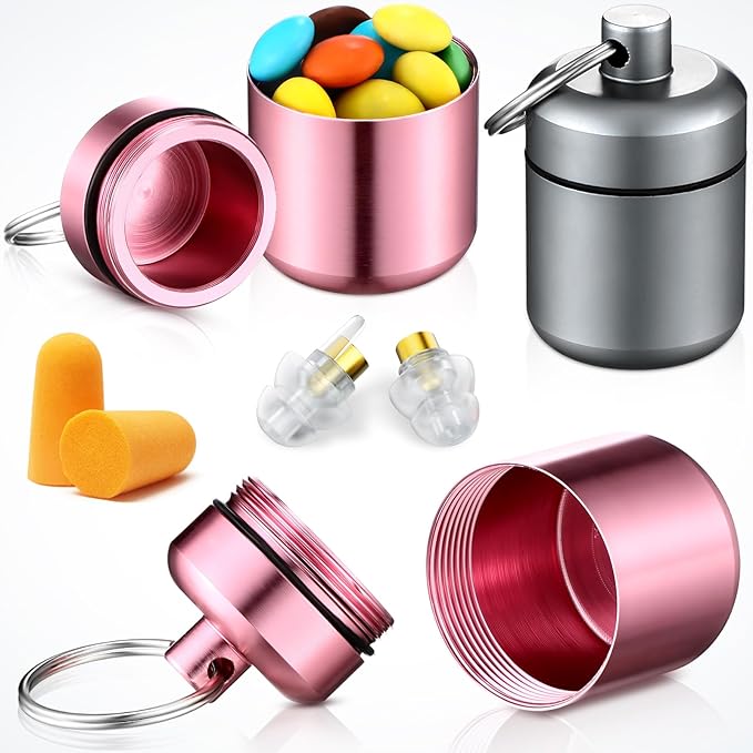Hicarer 4 Pack Ear Plug Carrying Case, Waterproof Metal Ear Plug Holder with Keychain, Portable Small Pill Case Container for Earplugs, Jewelry, Pill Organizer for Travel or Sports(Pink, Matte Gray)