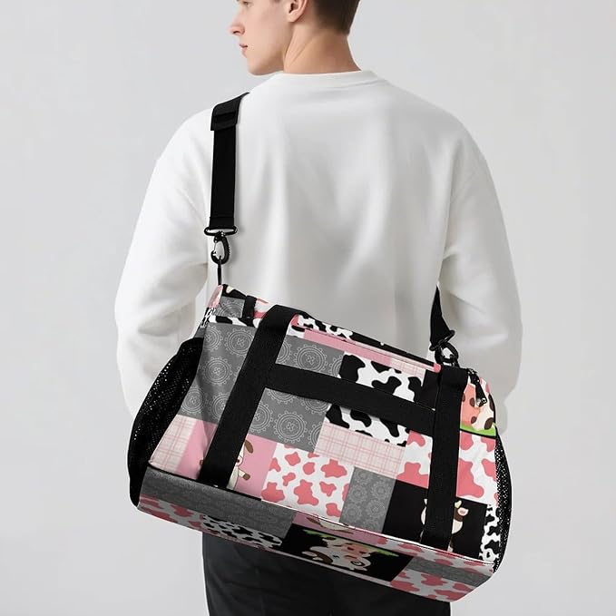 Personalized Pink Grey Patchwork Cow Print Duffle Bag with Adjustable Shoulder Strap Tote Bag for Women Man Workouts Custom Travel Perform Bag