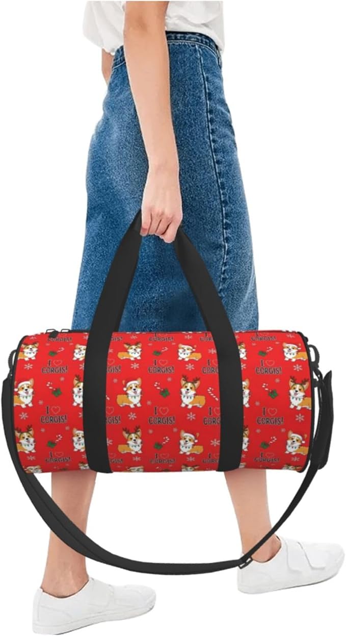 Gym Bags for Men Women, Foldable Travel Duffle Bag Christmas Corgi Dogs Red, Lightweight Weekender Water Resistant Workout Sports Bag for Travel Yoga