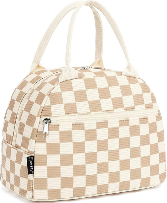 FlowFly Lunch Bag for Women Insulated Lunch Box Corduroy Lunch Tote Cooler for Travel Work Picnic,Corduroy Plaid Khaki
