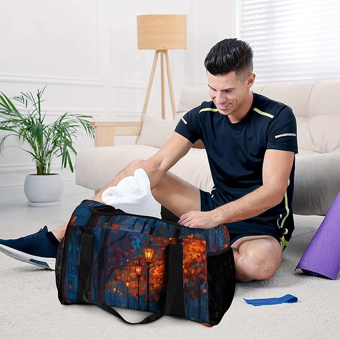 Autumn Path with Streetlights Duffle Bag Gym Bag for Workout Travel Tote with Detachable Straps