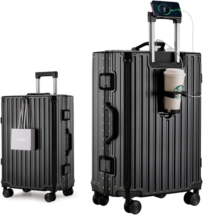 HotWay PC Hard Shell Carry On Luggage with Aluminum Frame, Suitcase with Cup Holder and USB Port, Zipperless Luggage for Business Travel (Black, Carry On 20Inch)