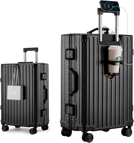 HotWay PC Hard Shell Checked Suitcase with Aluminum Frame, Luggage with Cup Holder and USB Port, Zipperless Luggage for Business Travel (Black, Checked In 24Inch)