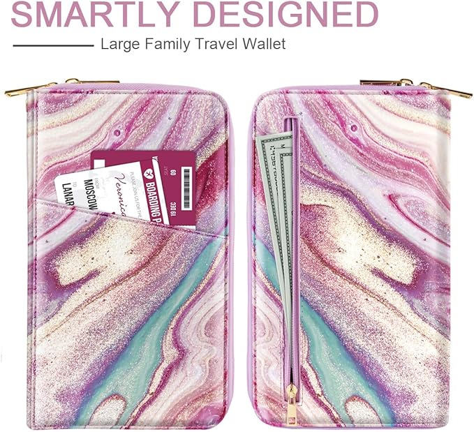 Family Passport Holder Wallet RFID Blocking Document Organizer PU Leather Mulit-purpose Travel Wallet Credit Cards Case for Women Men,Purple Marble