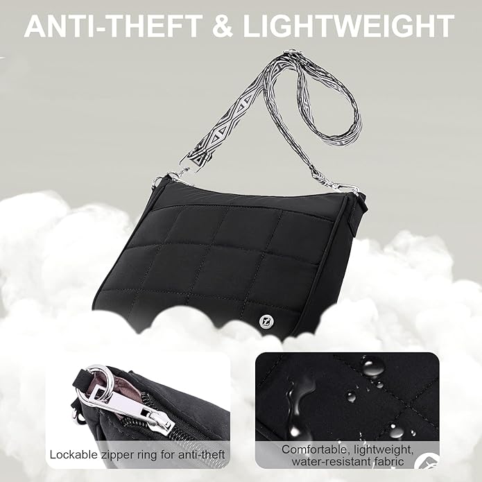 Anti Theft Crossbody Bags for Women,Quilted Puffer Travel Purses Shoulder Hobo Bag Handbag with Guitar Strap