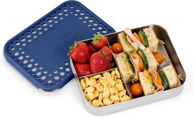 LunchBots Large Trio Stainless Steel Lunch Container -Three Section Design for Sandwich and Two Sides - Metal Bento Lunch Box - Eco-Friendly - Stainless Lid - Blue Dots