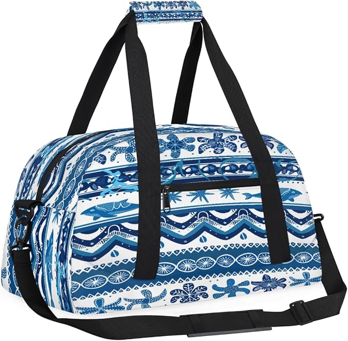 Duffle Bag for Women Men, Nautical Turtle Whale Stripe Gym Bag for Travel Sports, Lightweight Waterproof Weekender Overnight Bags with Adjustable Strap