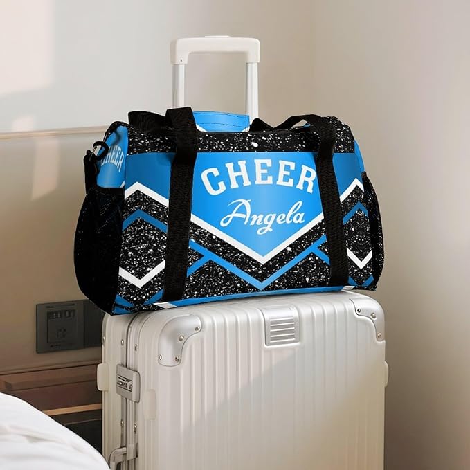 Custom Blue Black White Cheer Cheerleaders Duffel Bag with Name Adjustable Shoulder Strap Casual Bag for Teens Adults Handheld Crossbody Travel Bag