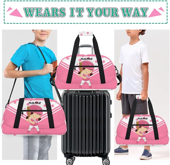 Custom Name Pink Baseball Girls Gym Travel Duffle Bag with Front Zipper Pocket Personalizedfor Sports Bag for Overnight, Weekender, Carry On,Workout & Dance, 18.9 * 8.7 * 10.6 in