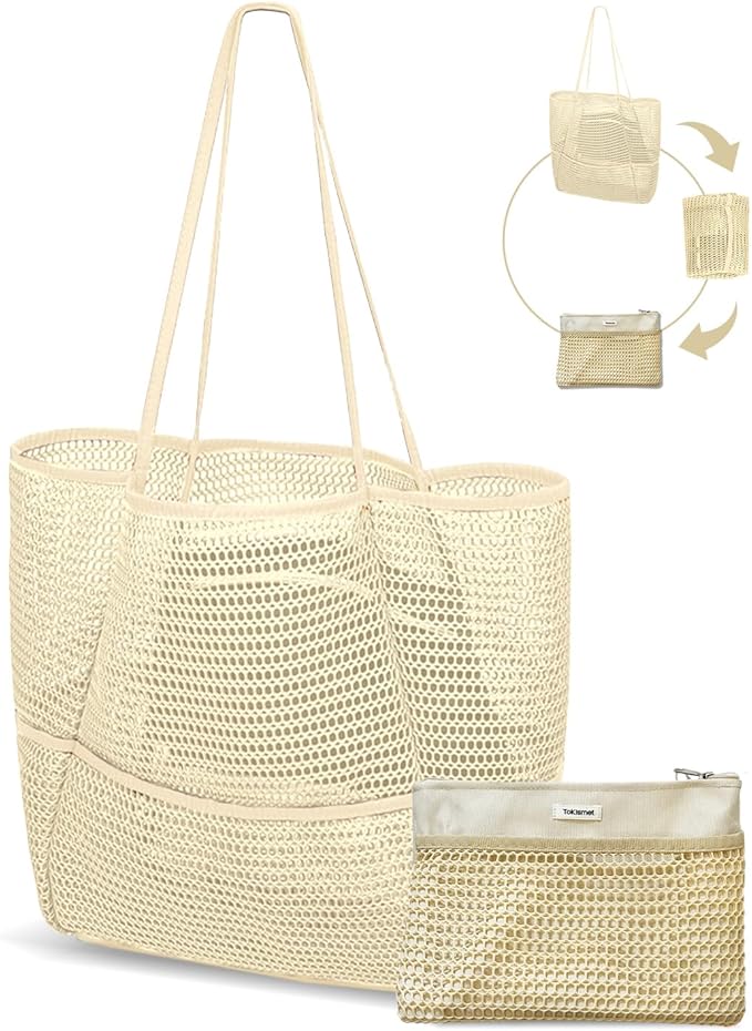 Mesh Beach Tote Bag Packable,2026 New 2-in-1 Large Lightweight Foldable Beach Bags with Multiple Pockets for Women