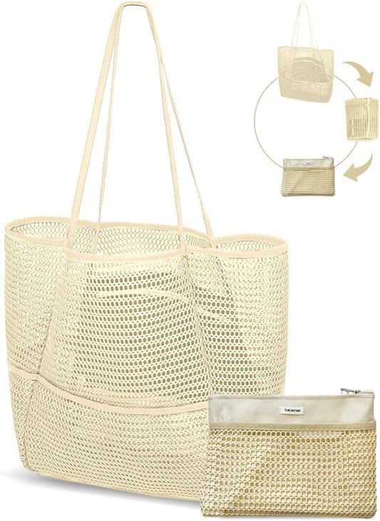 Mesh Beach Tote Bag Packable,2026 New 2-in-1 Large Lightweight Foldable Beach Bags with Multiple Pockets for Women