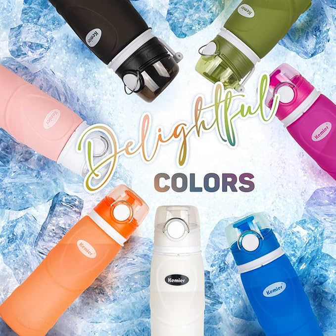 Kemier Collapsible Silicone Water Bottles-750ML,Medical Grade,BPA Free Travel Water Bottle Can Roll Up,26oz,Leak Proof Foldable Sports & Outdoor Water Bottles