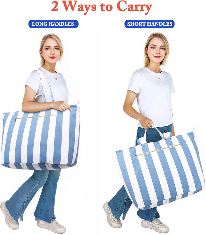 Large Canvas Beach Bag for Women, Beach Bags Waterproof Sandproof with Zipper & Wet Bag Cruise Essentials