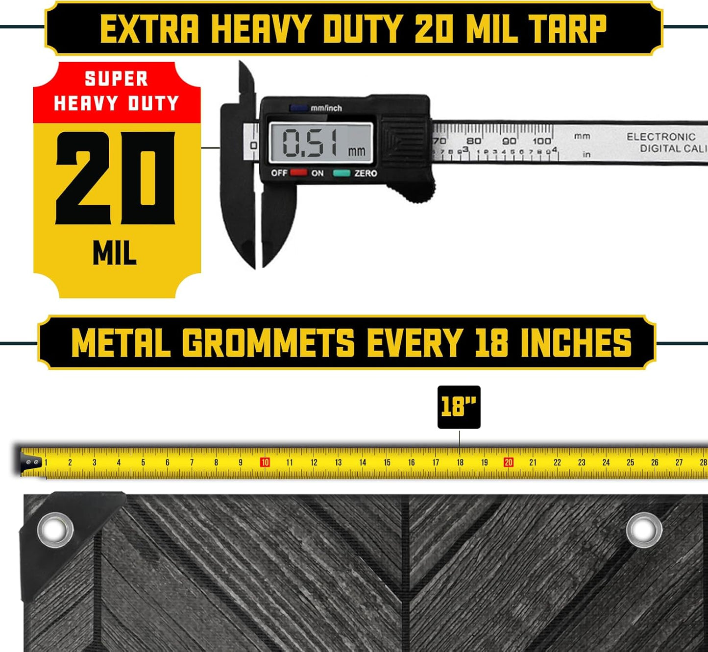 Core Tarps Extreme Heavy Duty 20 Mil Tarp Cover, Waterproof, UV Resistant, Rip and Tear Proof, Poly Tarpaulin with Reinforced Edges for Roof, Camping, Patio, Pool, Boat (Grey Wood/Black 24′ X 50′)