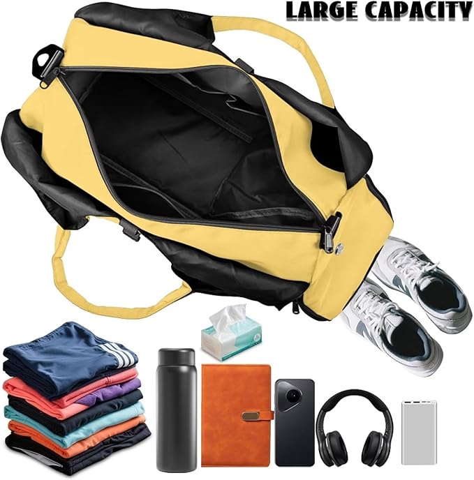 Cute Cherry Print Duffel Bag Women that Holds Yoga Mat and Shoe Compartment Portable Lightweight Waterproof Yellow Gym Bag, Fitness Workout Stylish Workout Bag