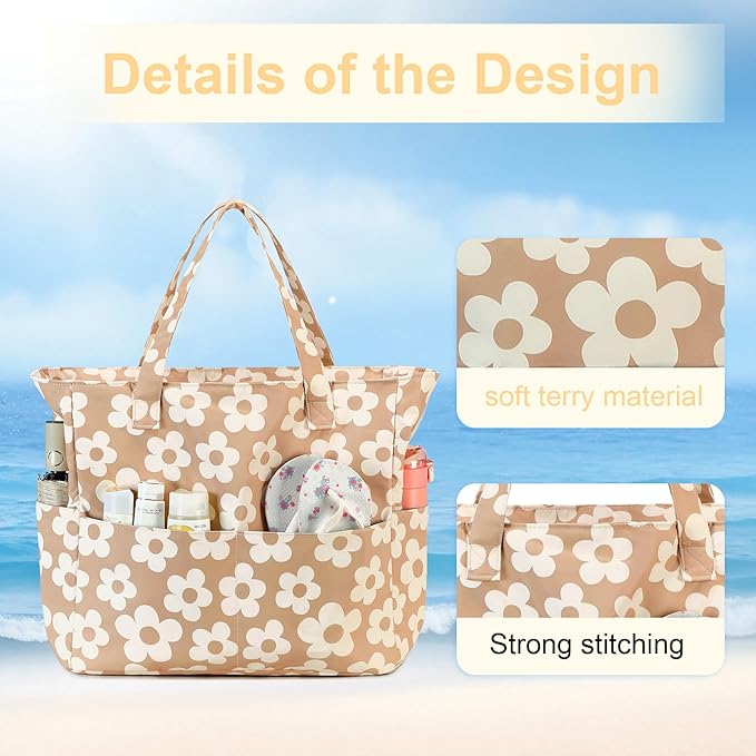 LEDAOU Large Beach Bag Women Waterproof Sandproof Zipper Beach Tote Pool Bag for Swim Gym Grocery Travel with Wet Pocket | Waterproof, Sandproof, Zipper, Pool, Gym, Grocery