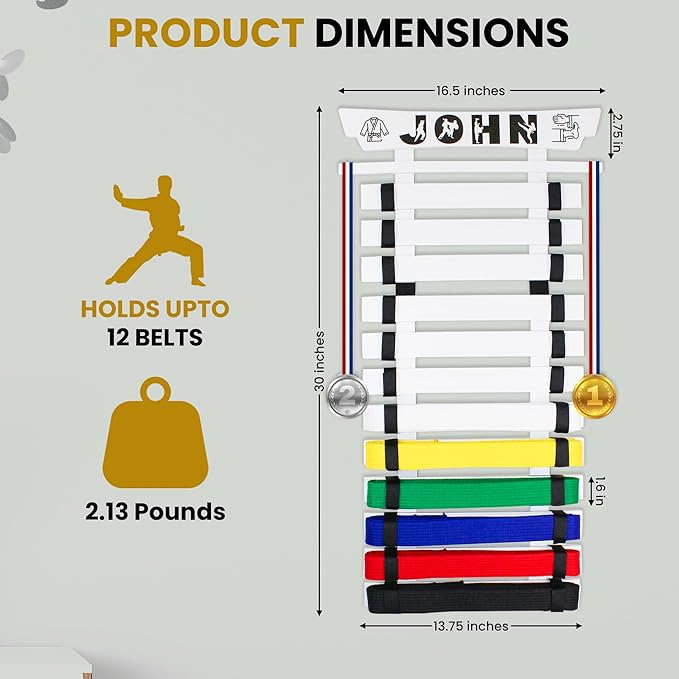 10/12 Belts Karate Belt Display Rack, Pure Bamboo Wood, Themed Stickers, Medal Hangers - Taekwondo Belt Display, Jiu Jitsu, BJJ, Martial Arts