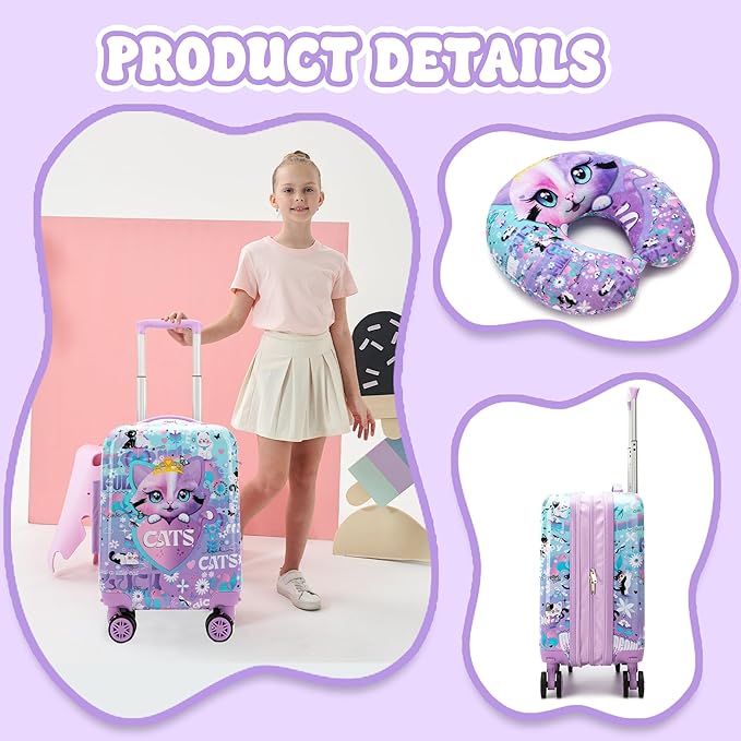 Kids Suitcase Set for Girls Hardside Luggage with Spinner Wheels 5 Piece 16inch Toddler Suitcase for Girls Travel Carry on Luggage Airline Approved