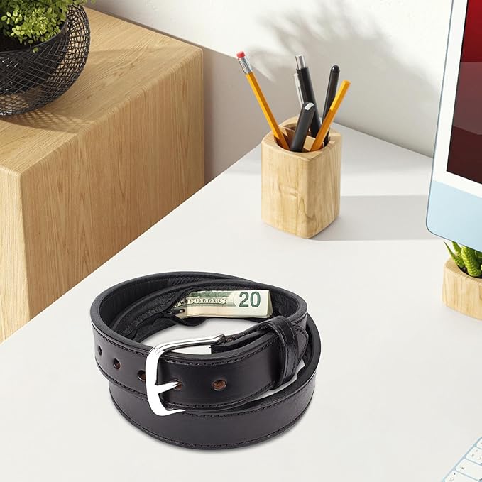 Leather Money Belt for Men with Hidden Zipper Pocket - Full Grain Travel Security Belts with Secret Compartment for Cash Cards, Anti-Theft Safe Storage Belt for Business Travel Dad Husband Boyfriend