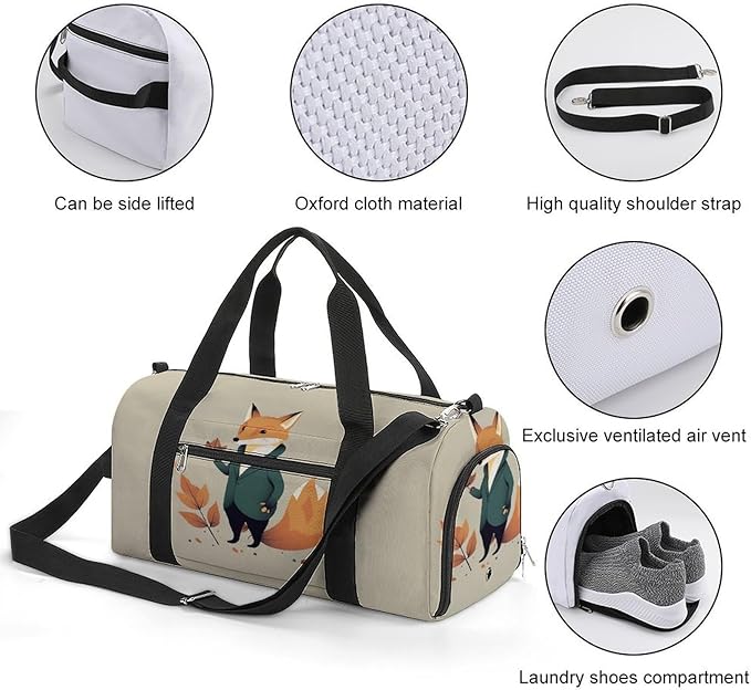 Oxford Cloth A Cartoon Fox Gym Bag,Duffle Bag with Shoes Compartment And Adjustable Shoulder Straps，Weekender Bags for Men Women.