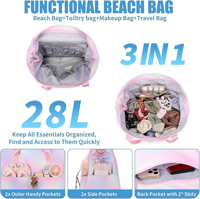 Beach Bags for Women, Large Waterproof Sandproof Swim Pool Bag with Dry Wet Seperated Pocket Utility Tote Bag