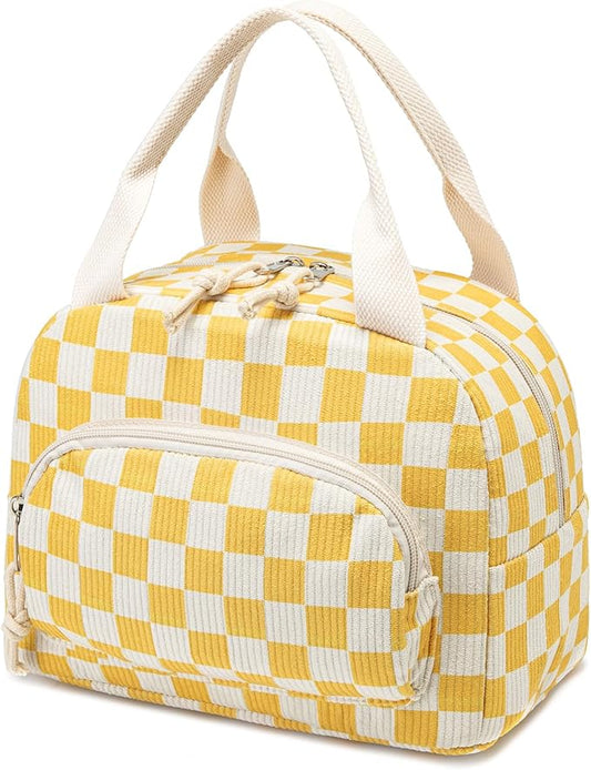 Lunch Bag Women Lunch Box for Women Adult Cute Insulated Lunch Bag Small Cooler Lunch Tote Bags for Work Picnic School (Beige-Yellow Plaid)