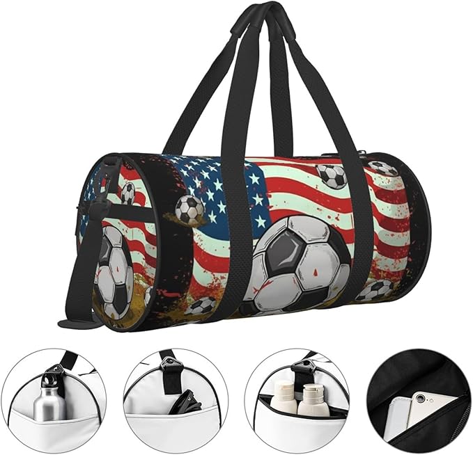 Travel Duffel Bag Lightweight Carry On Weekender Overnight Bags Soccer USA American Flag Sports Tote Gym Backpack with Adjustable Strap Hospital Bags Foldable Luggage Bag for Women Men
