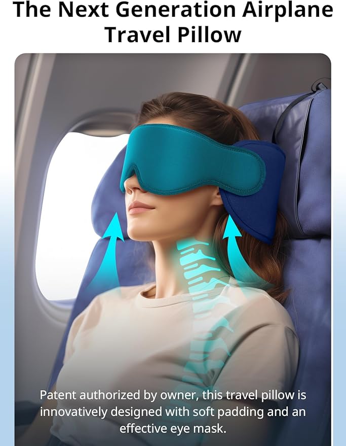 Travel Pillows for Airplanes, 360° Head Support for Long Flight, Soft Airplane Pillow with 3D Eye Mask for Sleeping, Stop Bobblehead, Airplane Headrest Gadgets, Lake Blue