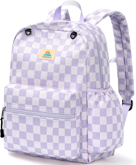 STEAMEDBUN Corduroy Kids Backpack for Girls and Boys 5-8: Girls Backpack for Elementary Kindergarten - 15 inch Cute Backpacks for Kids - Checkerboard