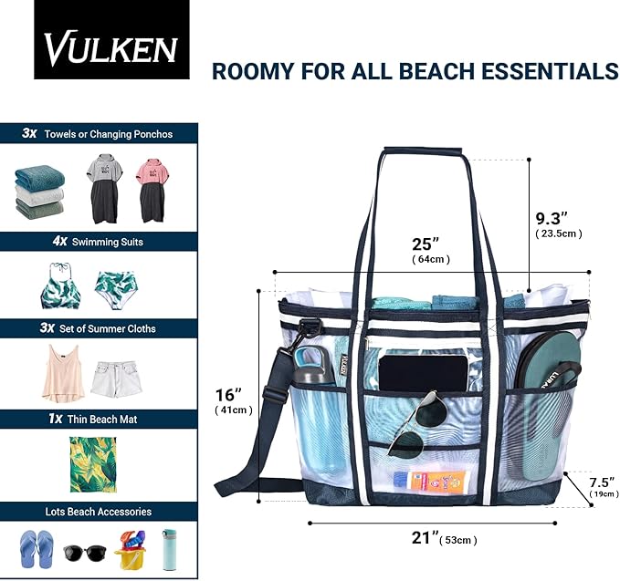 Vulken 42L Extra Large Mesh Beach Bag. 9 Pockets Top Zip Tote Bag Shoulder Bag