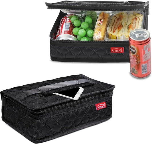 Aosbos Small Insulated Lunch Bag - Compact Lunch Box for Portion Control, Work & Office, Black Quilted