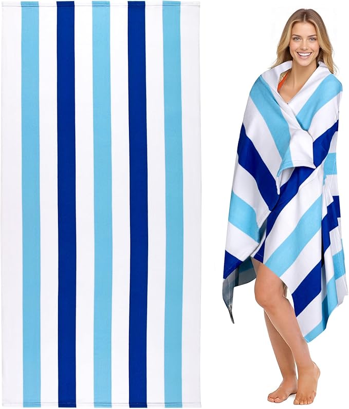 cabanana Large Oversized Beach Towel - Microfiber Sand Free 35 x 70 Inch Quick Dry Lightweight Pool Towel for Adults, Thin Striped Swim Towel (Navy)