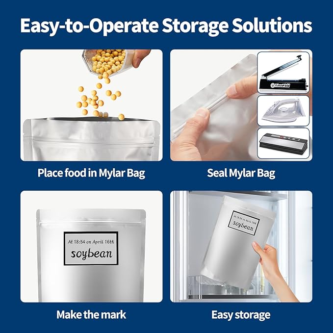 120PCS Mylar Bag Bundle, 4 Multi-Size Pouches(11Mil), 100x500cc Oxygen Absorbers, 120 Labels, Heat Sealable, Food Safe, BPA-Free – for Strong, Secure Long Term Food Storage, Silver