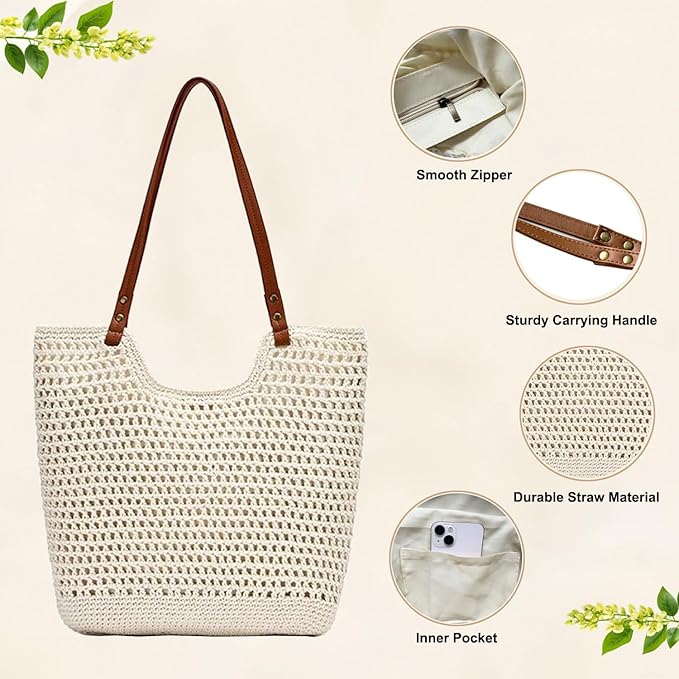 Crochet Beach Bag for Women - Summer Mesh Beach Tote Bag Boho Woven Purse Shoulder Handbags for Vacation Travel