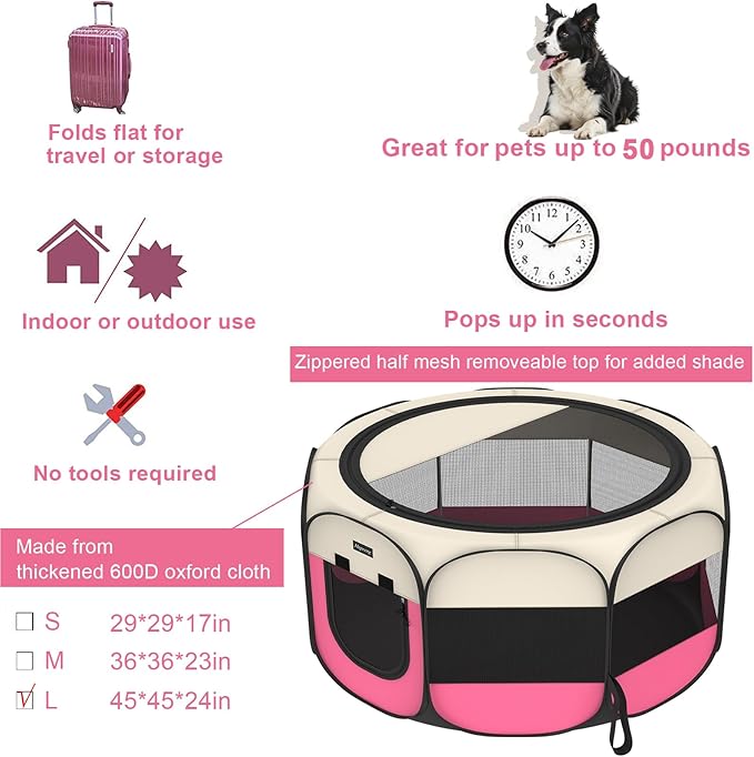 Portable Pet Playpen, 8-Panel Indoor/Outdoor Puppy Pen with Shade Cover & Travel Bag - Waterproof Dog Cat Tent Includes Collapsible Bowl
