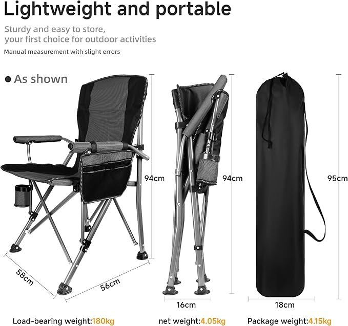 Folding Camping Chair with Cup Holder and Storage Bag, Heavy Duty Support 400 LBS, Oversized Collapsible Portable Camping Chair for Outdoor Camp, Picnic, Travel, Fishing Grey