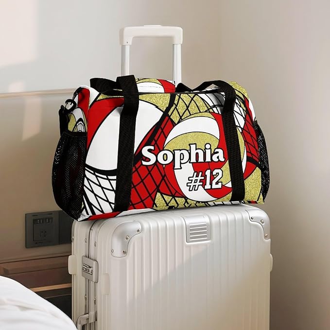 Custom Volleyball Red Gold Duffel Bag with Name Personalized Travel Bags Sport Gym Bag Carry On Weekender Bags for Men Women