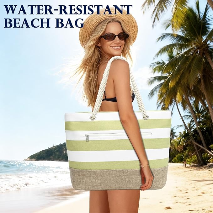 Fammart Beach Bags Waterproof Sandproof for Women, Large Canvas Pool Bag with Leakproof Wet Pocket & Zipper Cruise Essentials