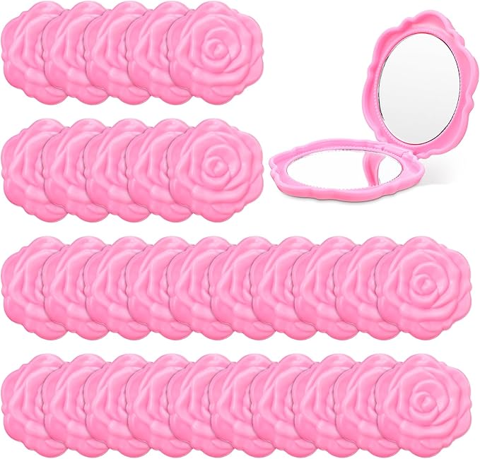 30 Pcs Pink Compact Mirror Bulk Plastic Portable Foldable Rose Flower Shaped Makeup Mirror Handheld Pocket for Women Girls Bridesmaids Travel Wedding Tea Party