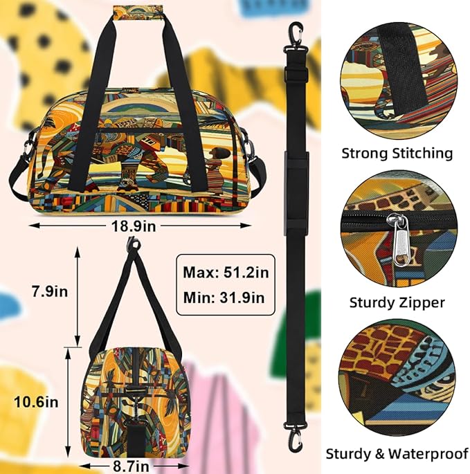 Travel Duffle Bag for travel duffle bag sports Girls Boys Kids Ethnic Africa Elephant Lightweight Overnight Sleepover Weekender Bags Small Dance Gym Sport Bag Teens Carry-On Size Workout Bag