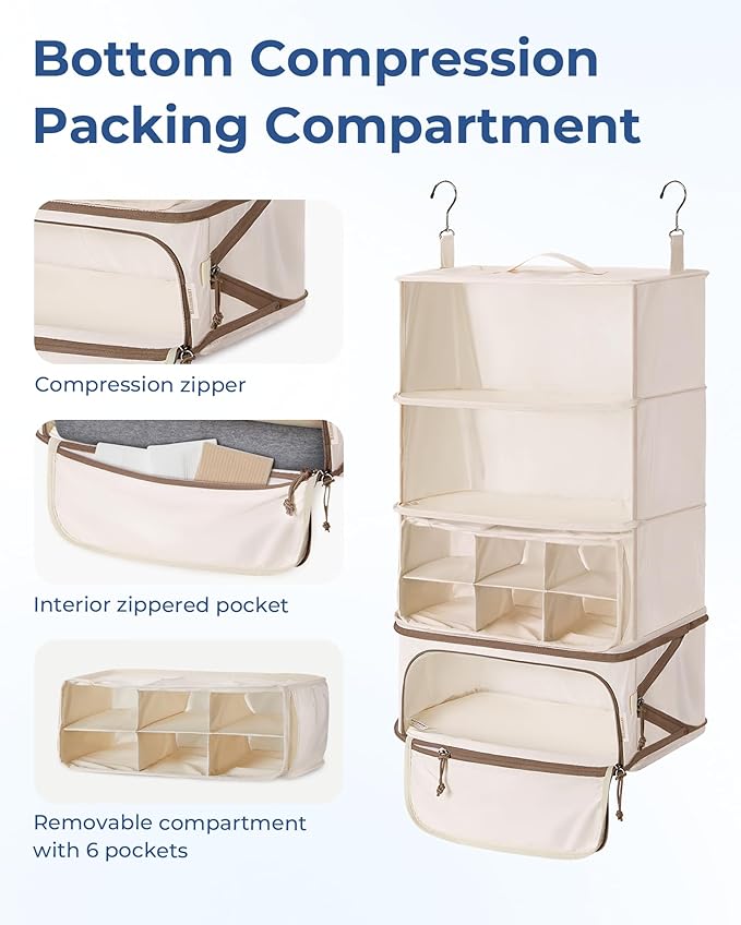 BAGSMART Hanging Packing Cubes for Travel, Hanging Shelves for Suitcases Organizers, Compression 4 Shelf Closet Organizers, Travel Shelves for Cruise Ship Essentials
