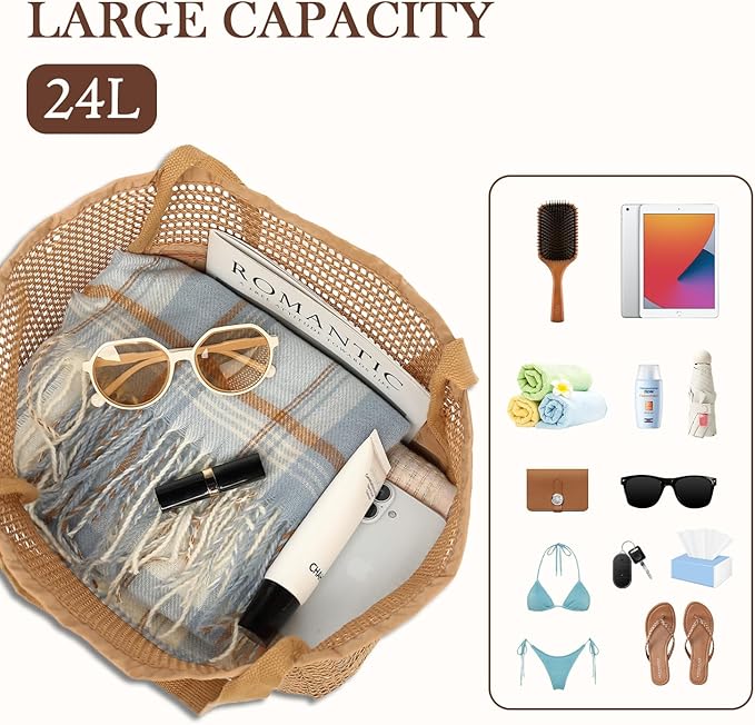 Fammart Mesh Beach Bag for Women, Summer Straw Tote Hobo Pool Bags with Zipper Pocket, Travel Vacation Cruise Essentials 2026