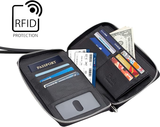 Brelox Travel Wallet Family Passport Holder - RFID Document Organizer for 4 5 6 passports - Genuine Leather - Black